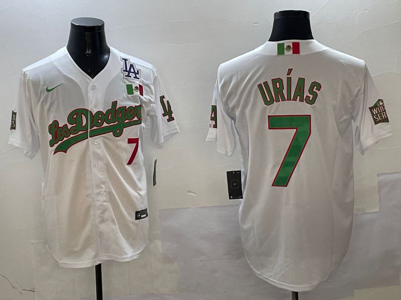 Men Los Angeles Dodgers #7 Urias White Green Game 2025 Nike MLB Jersey style 3203->los angeles dodgers->MLB Jersey